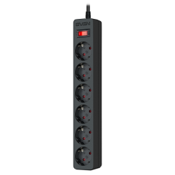 Surge Protector   6 Sockets,  3.0m,  Sven "SF-06E", Black, flame-retardant material