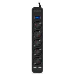 Surge Protector   5 Sockets,  1.8m,  Sven SF-05LU, 2 USB ports charging (2.4A), Black