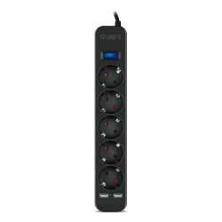 Surge Protector   5 Sockets,  3.0m,  Sven SF-05LU, 2 USB ports charging (2.4A), Black